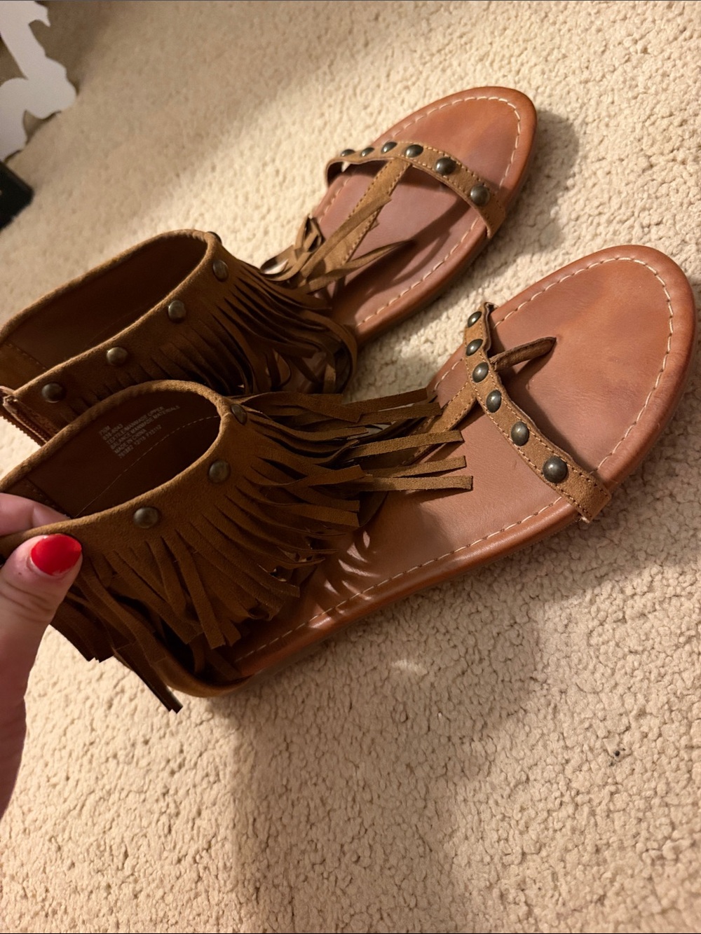 Arizona Jean Company Tan Fringe Gladiator Sandals with Stud Accents